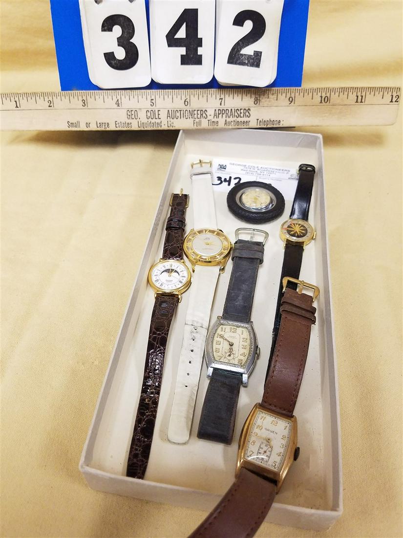 LOT 6 WRIST WATCHES SULLY, FOND ACIER, ABRA AND GRUEN: LOT 6 WRIST WATCHES SULLY, FOND ACIER, ABRA AND GRUEN TANK WATCHES, ARISTO TIRE NOVELTY ETC