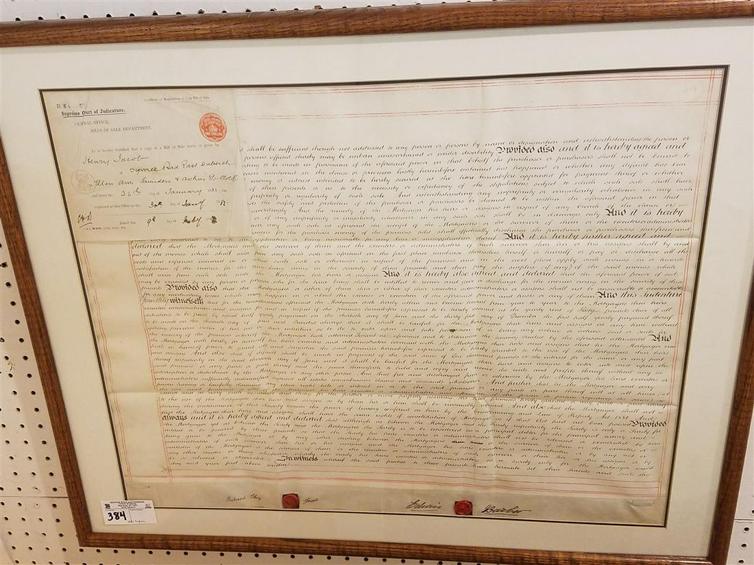 FRAMED 1882 ENGLISH DOCUMENT 21 1/2" X 27" (1 of 2)