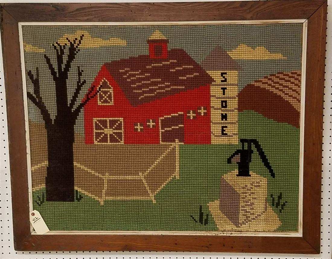 FRAMED NEEDLEWORK LANDSCAPE SGND STONE 29 1/2" X 38 (1 of 2)