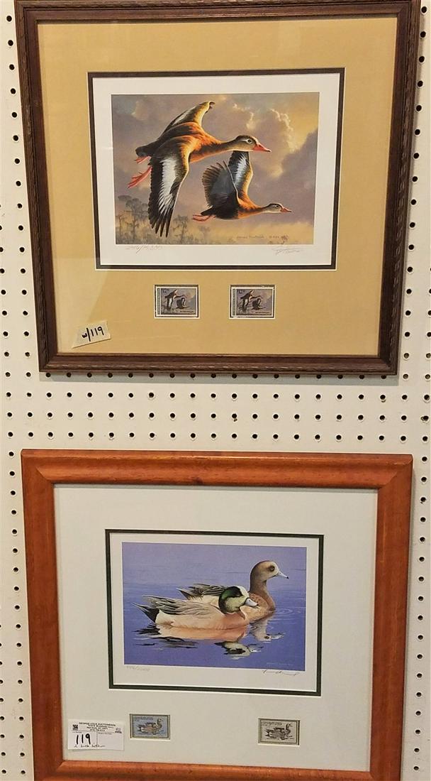 2 FRAMED WATERFOWL LITHOS W/ DUCK STAMPS, WM. C. MORRIS: 2 FRAMED WATERFOWL LITHOS W/ DUCK STAMPS, WM. C. MORRIS 1984 + JAMES HAUTMAN 1989