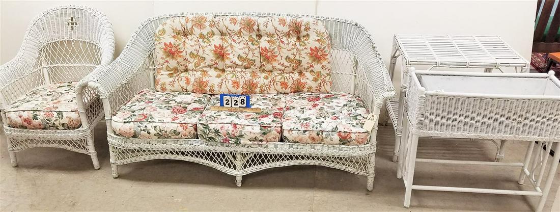 4PC. WICKER, SOFA, ARMCHAIR, PLANTER, + SIDE STAND (1 of 2)