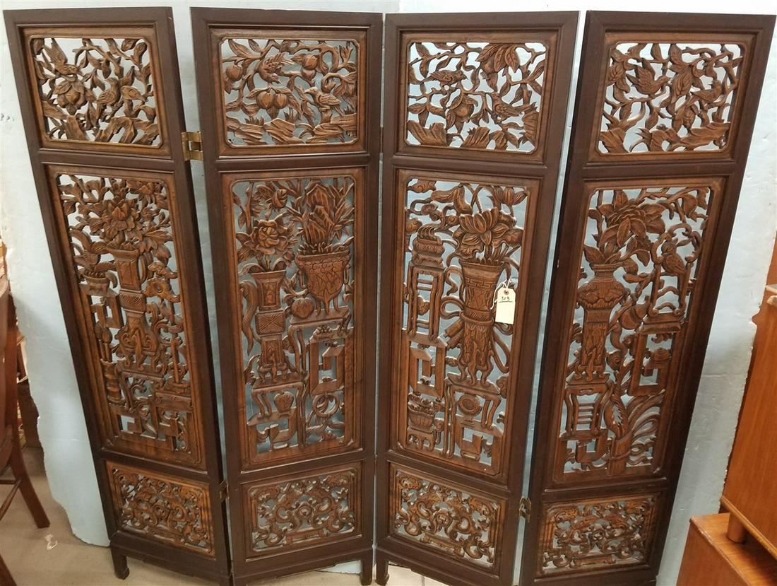 ASIAN CARVED WOOD 4 FOLD SCREEN 71"H X 18"W EA SECTION (1 of 2)