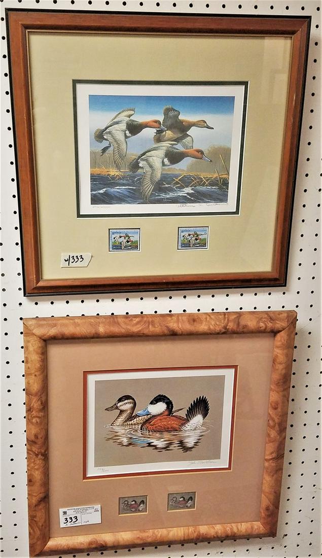 2 FRAMED WATERFOWL LITHOS PENCIL SGND., JOHN WILLIAMS: 2 FRAMED WATERFOWL LITHOS PENCIL SGND., JOHN WILLIAMS 1982 + ARTHUR ANDERSON 1988 W/ STAMPS