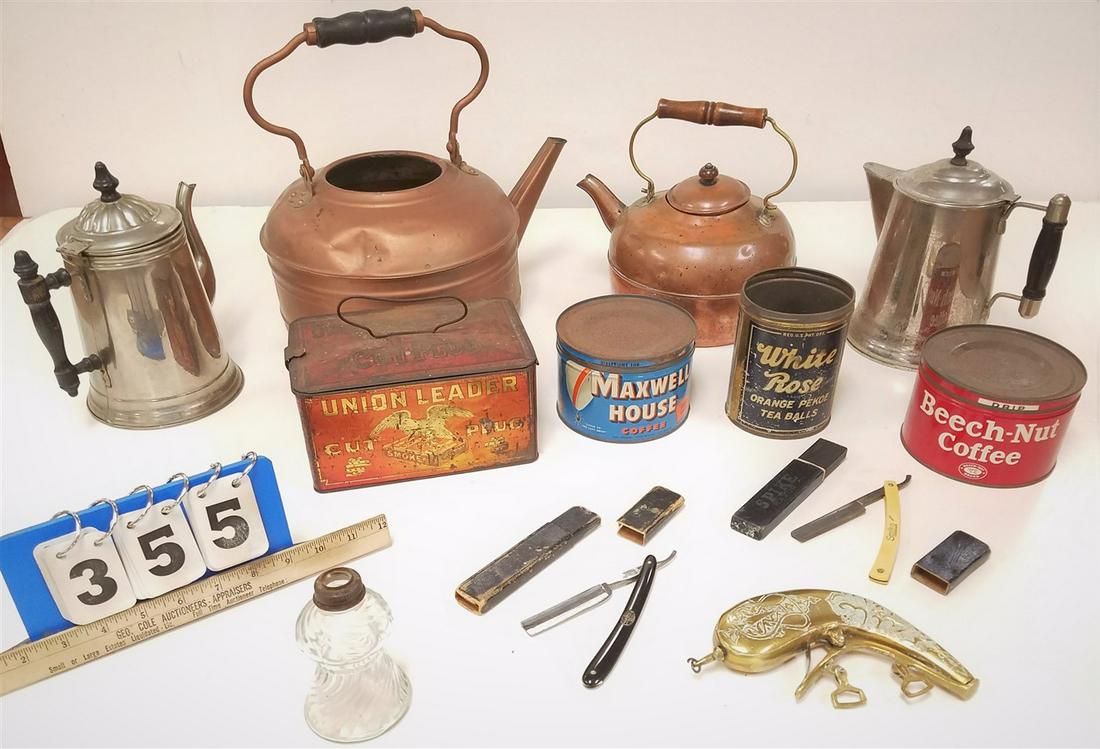 BX COPPER + NICKLE COFFEE POTS, ADVERT. CANS (1 of 3)