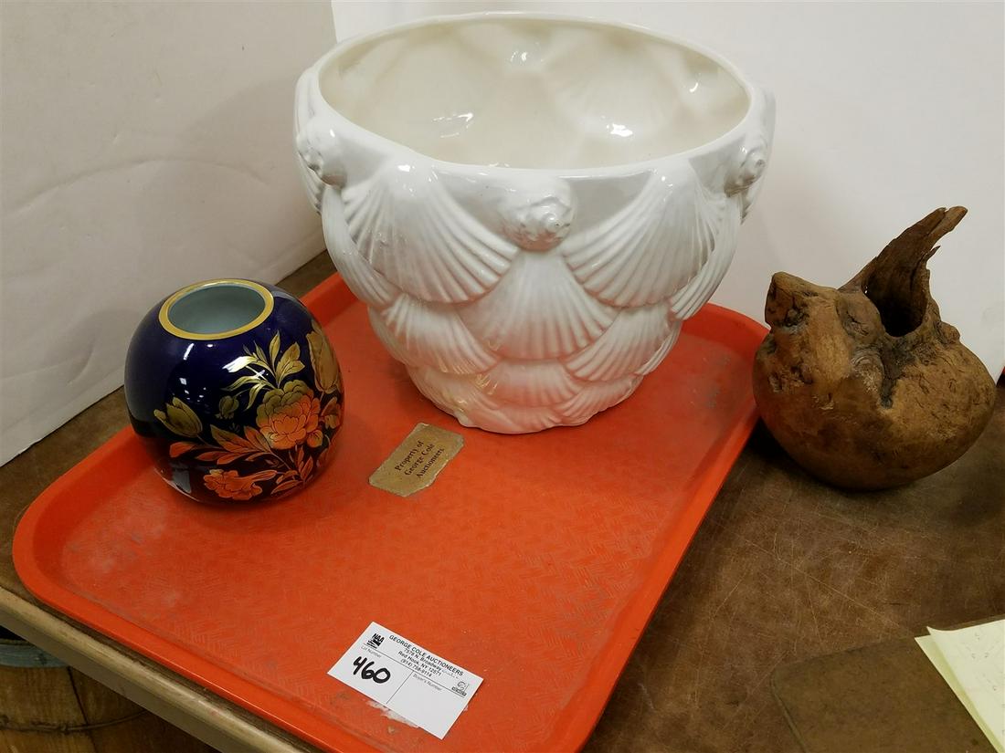 TRAY CERAMIC JARDENIER, KPM VASE, + BURL VASE (1 of 1)