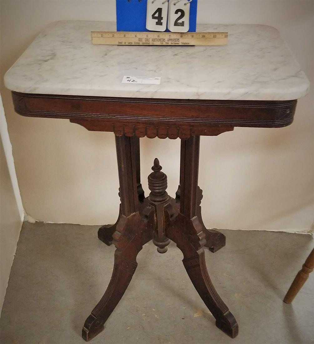 VICTORIAN WALNUT MARBLE TOP TABLE - 28.5"h X 23"W X (1 of 2)
