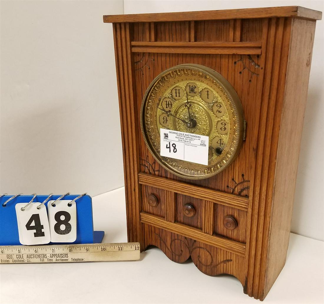 OAK AESTHETIC MOVEMENT MANTEL CLOCK - 13.75"H X 9.5"W X (1 of 3)