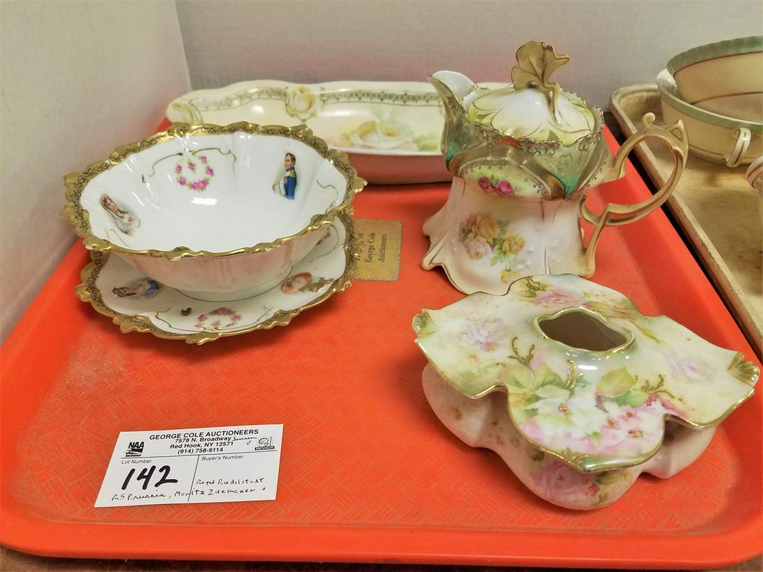TRAY PORCELAIN - 2PCS RS PRUSSIA - COVERED CREAMER +: TRAY PORCELAIN - 2PCS RS PRUSSIA - COVERED CREAMER + HAIR RECEIVER, MORITZ ZDEKAUER AUSTRIAN BOWL & LINER W/IMAGE OF NAPOLEON & JOSEPHINE & ROYAL RUDOLSTADT OVAL BOWL