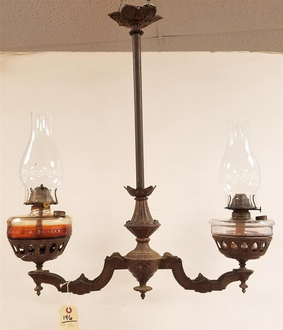19TH CENTURY CAST IRON 2 ARM CHANDELIER W/PRESSED GLASS (1 of 4)