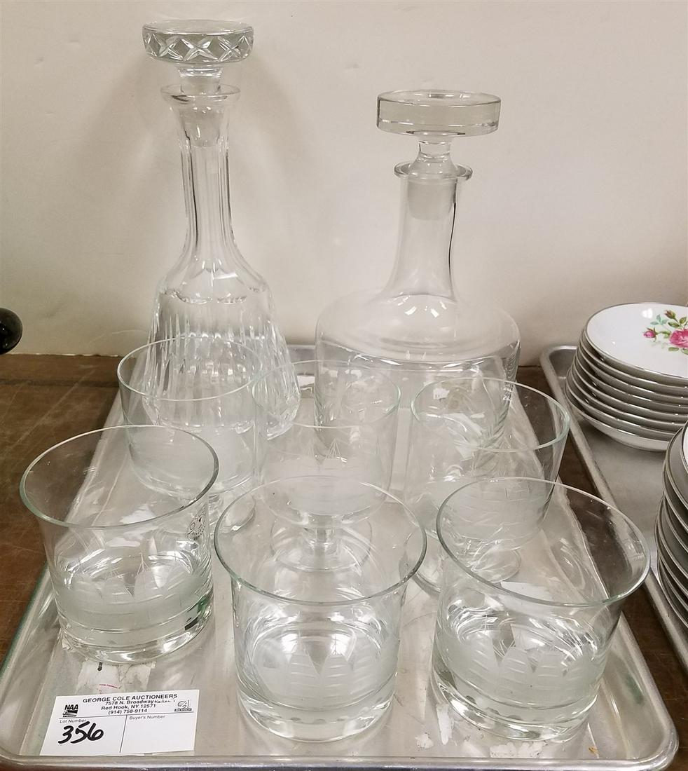 TRAY CRYSTAL DECANTERS AND 6 SHIP ETCHED GLASSES (1 of 2)