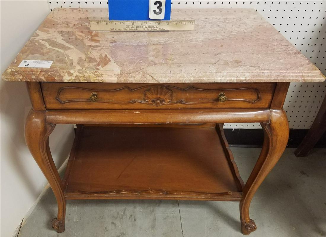 MAHOG. MARBLE TOP 1 DRAWER STAND, 25.5"H X 29"W X 21"D (1 of 2)