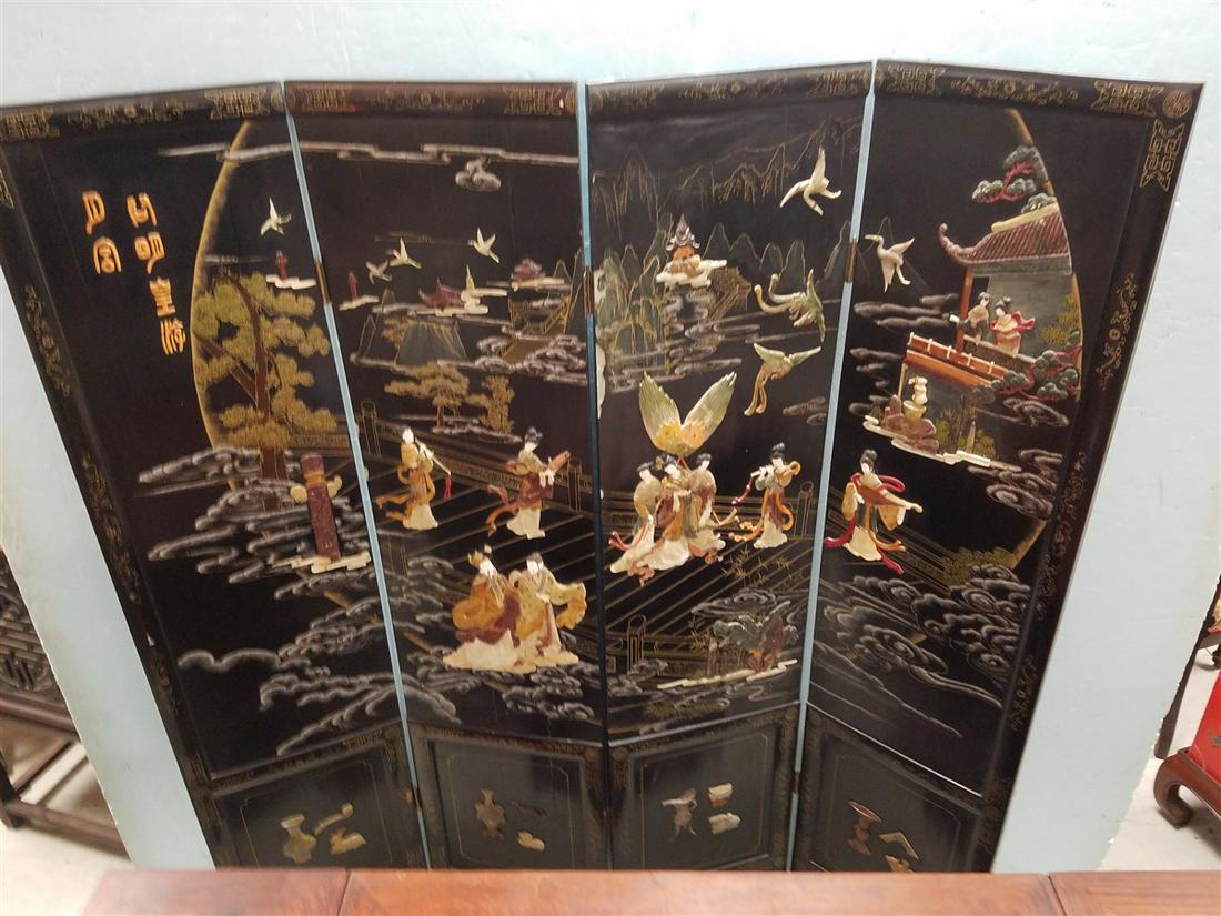 4 FOLD ASIAN SCREEN W/ INSET STONE CARVED FIGURES 6'H (1 of 8)