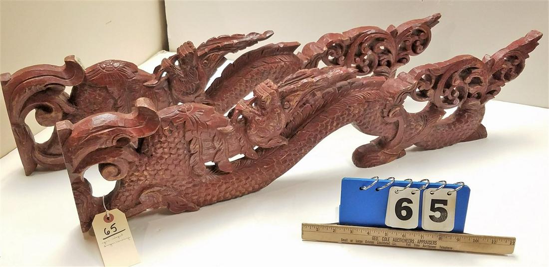 PR. NEPAL CARVED DRAGONS, 33"H X 9"D: PR. NEPAL CARVED DRAGONS, 33"H X 9"D