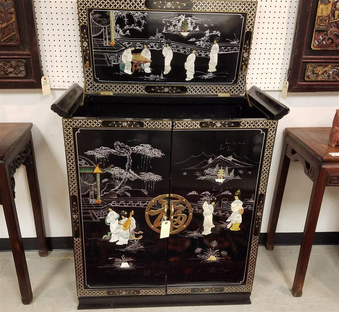 20th c. ASIAN LIFT TOP LACQUERED BAR CABINET W/ STONE (1 of 6)