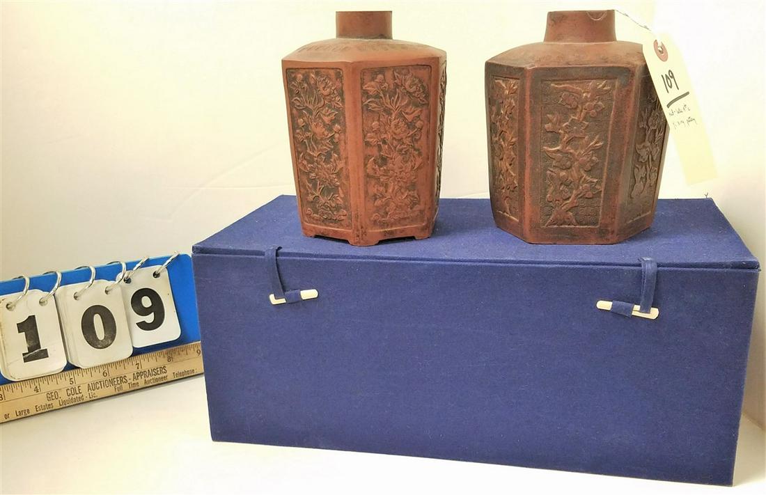 2 MID-LATE 19th c. YI XING POTTERY TEA CADDIES, 6" + (1 of 10)