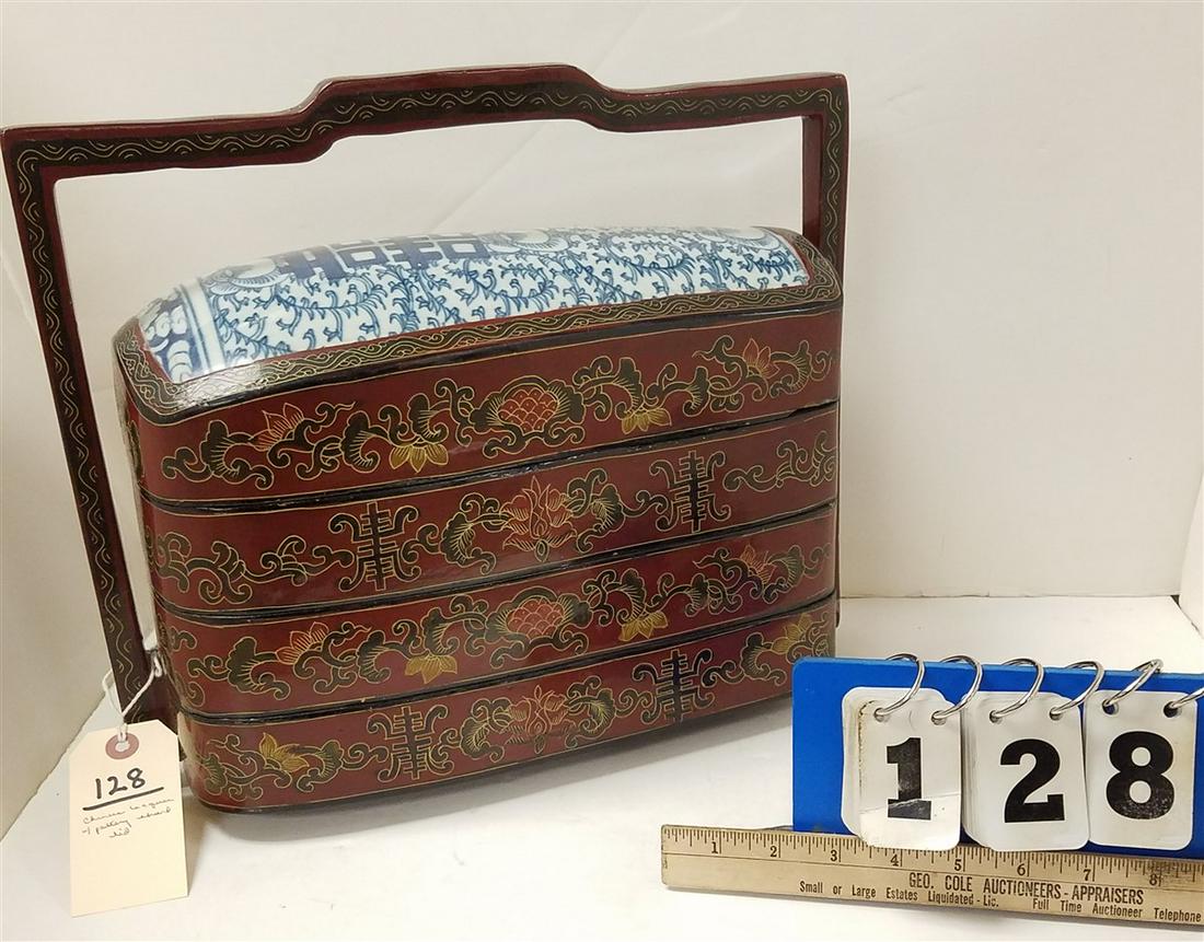 CHINESE LACQUER BASKET W/ 3 STACK TRAYS W/ POTTERY (1 of 3)
