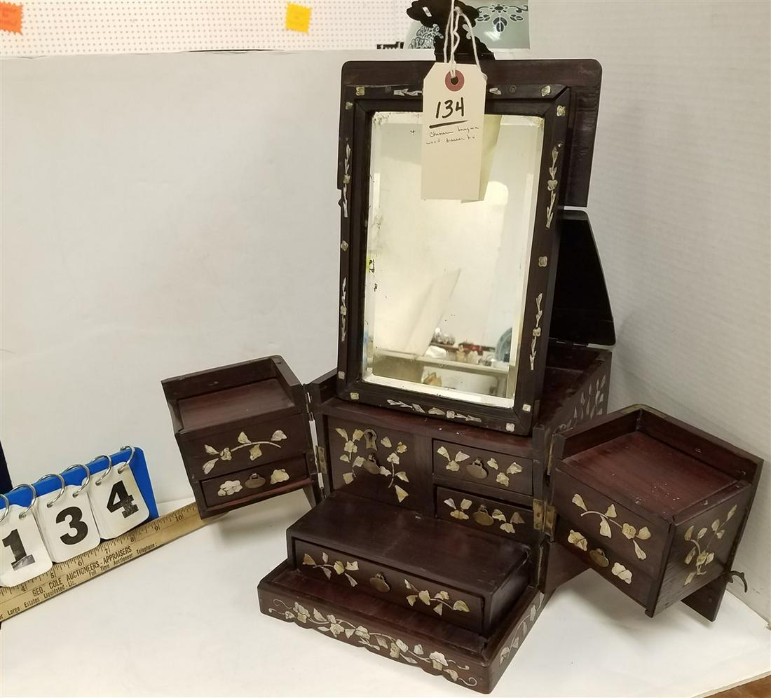 CHINESE HUNG MU WOOD DRESSER BOX W/ MOP INLAY, 7.75" X (1 of 4)