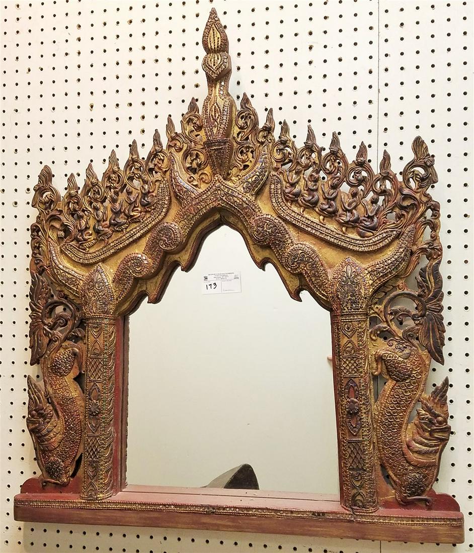 BURMESE CARVED WOOD FRAME W/ INSET GLASS FRAMED MIRROR, (1 of 4)