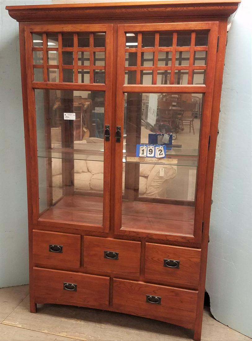 MISSION STYLE OAK CHINA CABINET, 77"H X 49.5"W X 16"D (1 of 2)