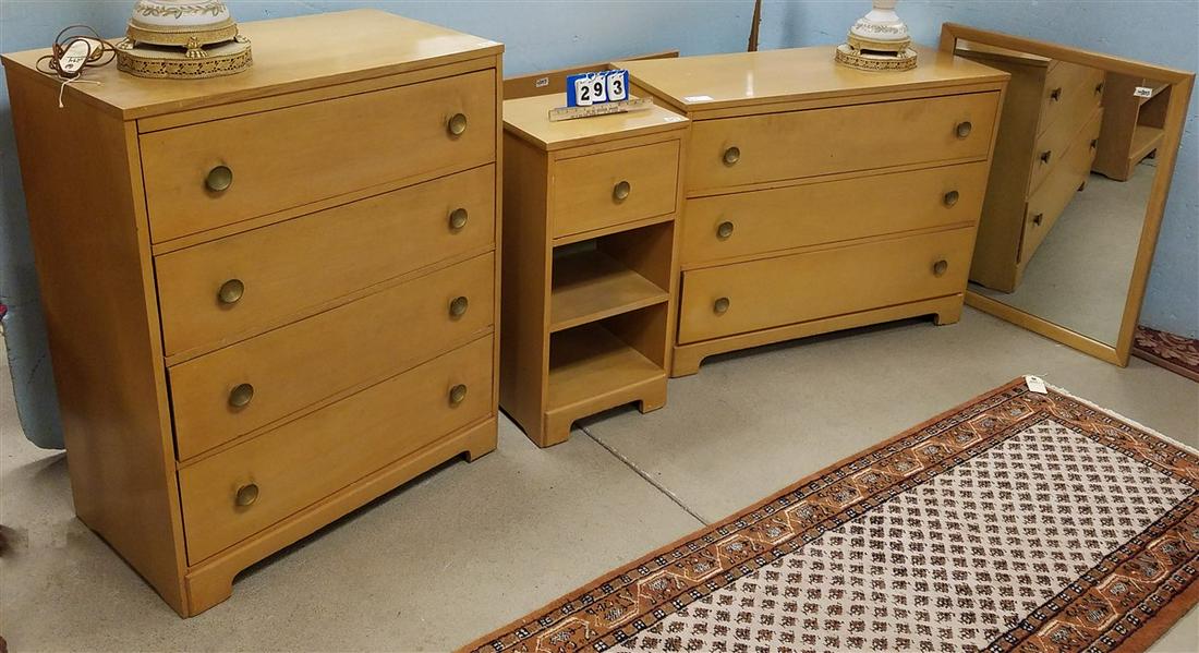 5PC. MID CENTURY BED SET, 3 + 4 DRAWER CHESTS, FULL (1 of 2)