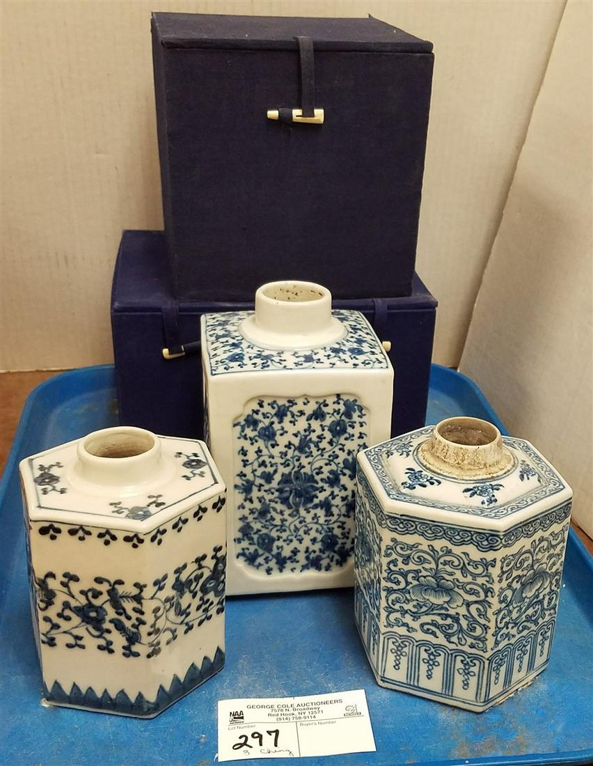 TRAY 3 CHING PORCELAIN TEA CADDIES, 6.5". 2-5", W/ BXS (1 of 7)