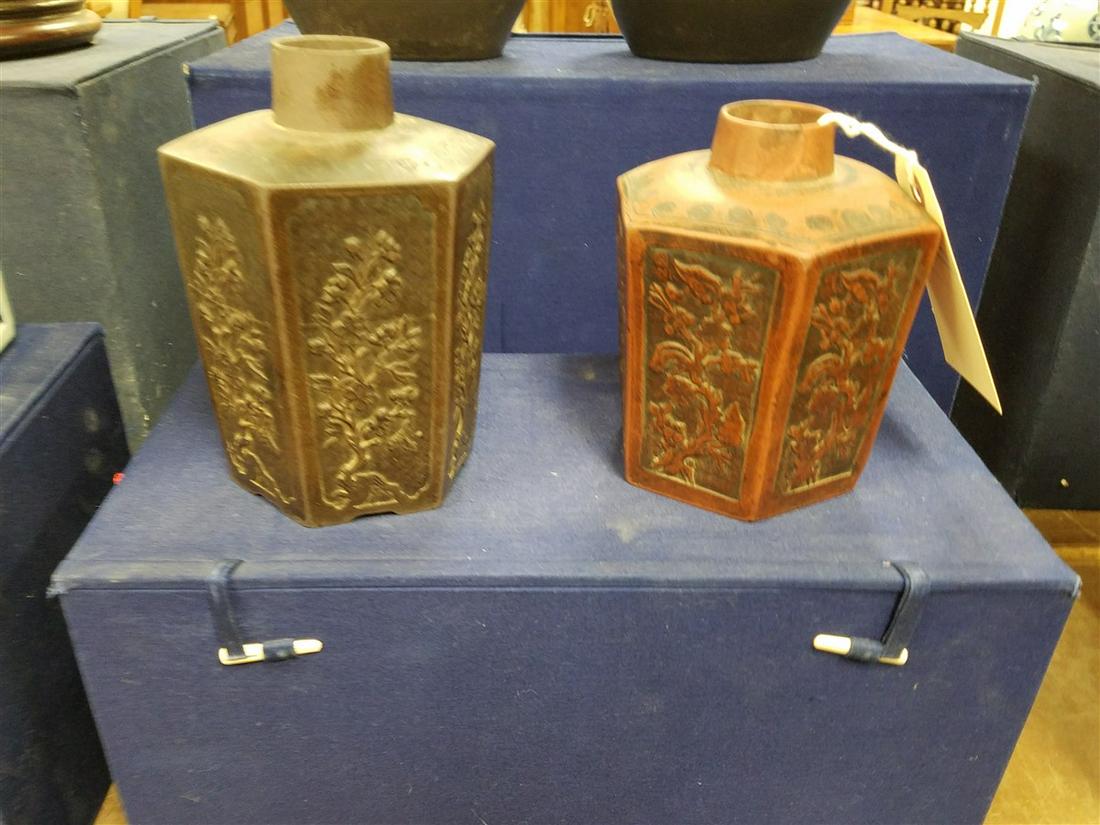 2 MID 19th c. YI XING POTTERY TEA CADDIES, 6.5" + 5.5", (1 of 5)