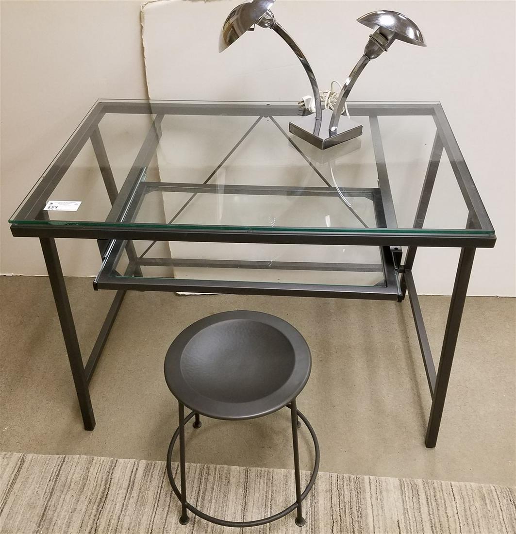 MODERN METAL + GLASS COMPUTER DESK, 29.5"H X 40"W X (1 of 2)