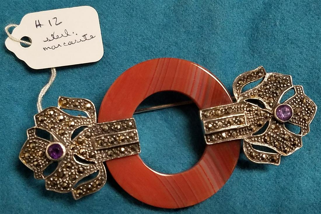 STERL. PIN W/ MARCASITE + AGATE, 1.5" X 3": STERL. PIN W/ MARCASITE + AGATE, 1.5" X 3"