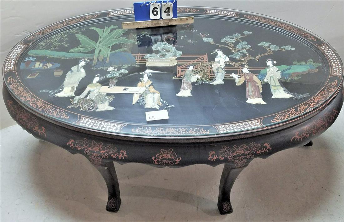 ASIAN BLACK LACQUER COFFEE TABLE W/ MOP INLAY + CARVED (1 of 2)
