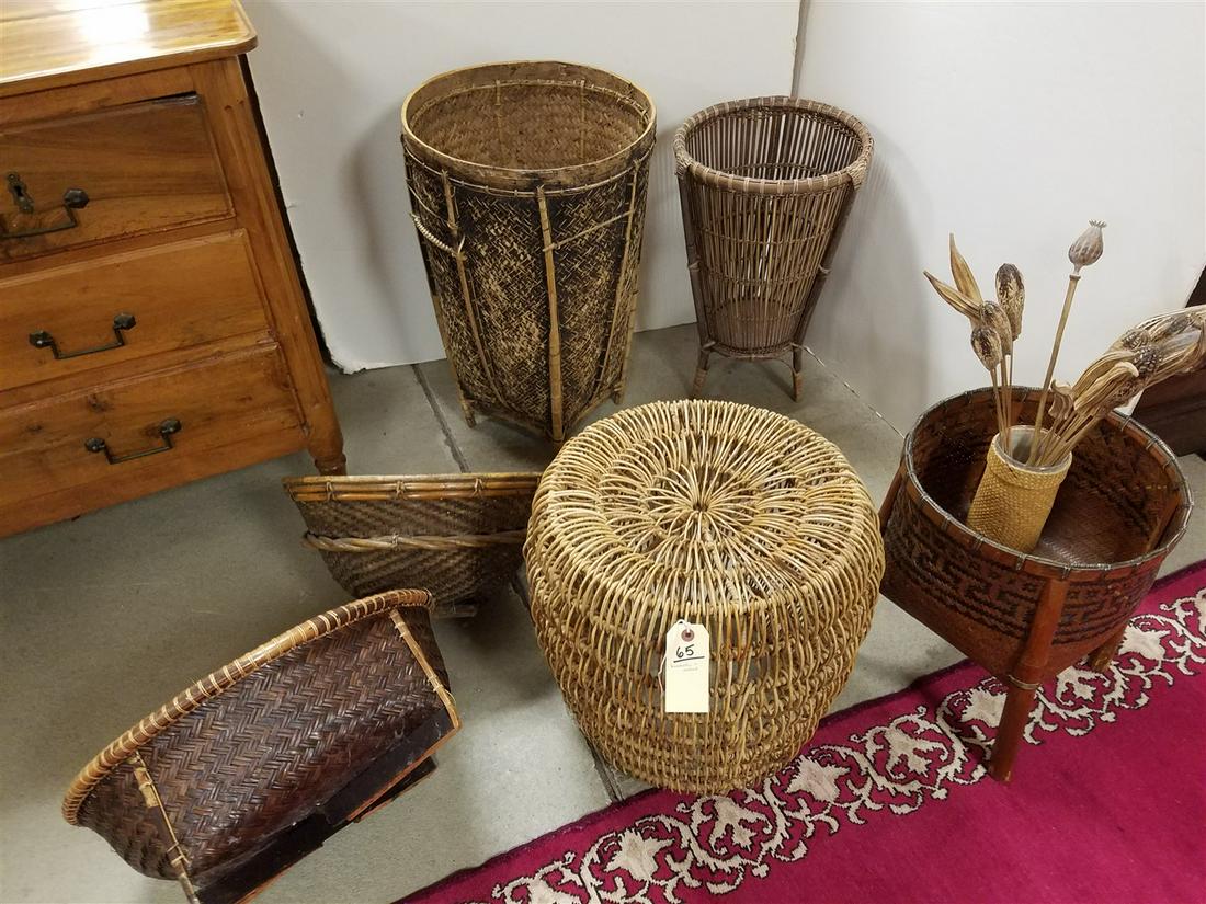 LOT 5 BASKETS + WOVEN BAMBOO STOOL (1 of 1)