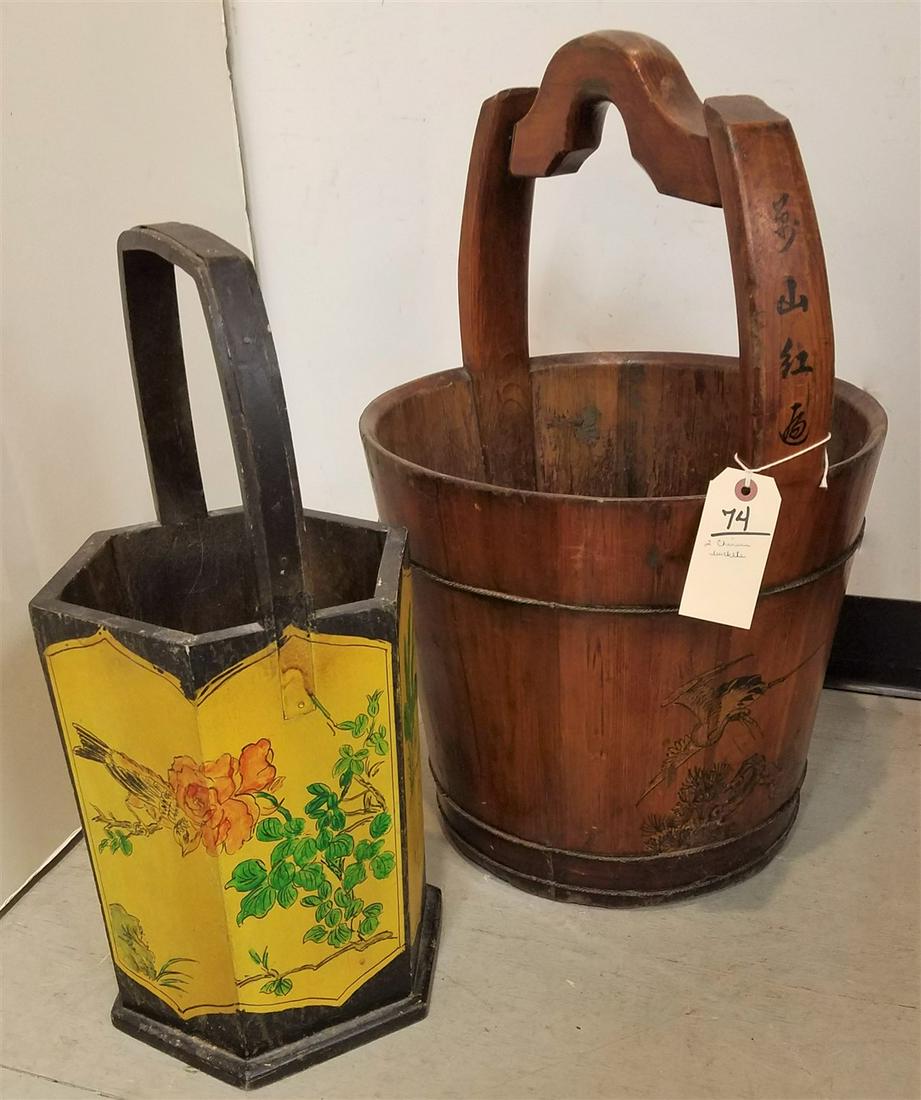 2 CHINESE WOODEN BUCKETS, 24"H X 16: DIAM. + 20.5"H X (1 of 1)