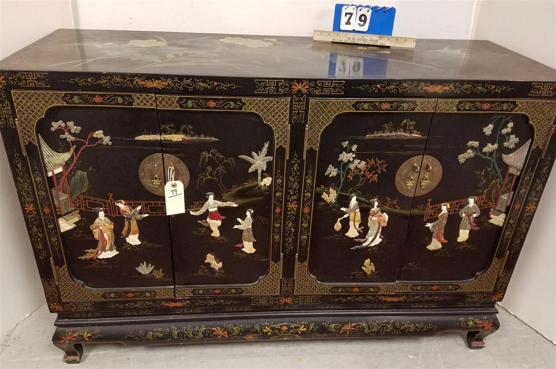 ASIAN 4 DOOR LACQUERED CABINET W/ CARVED STONE INLAY, (1 of 3)