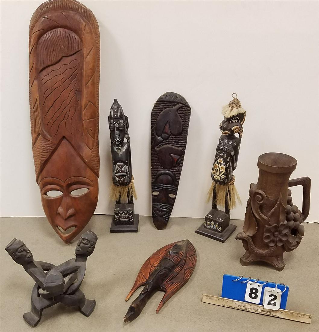 BX. CARVED WOOD MASKS, FIGURES + PITCHER (1 of 2)