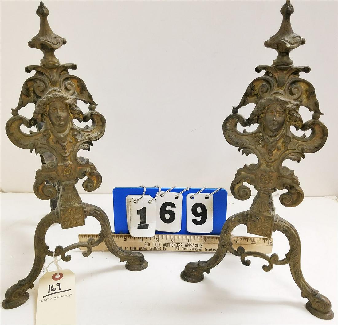 c.1870 GILT BRONZE ANDIRONS, 14.25"H X 8"W X 9"D: c.1870 GILT BRONZE ANDIRONS, 14.25"H X 8"W X 9"D