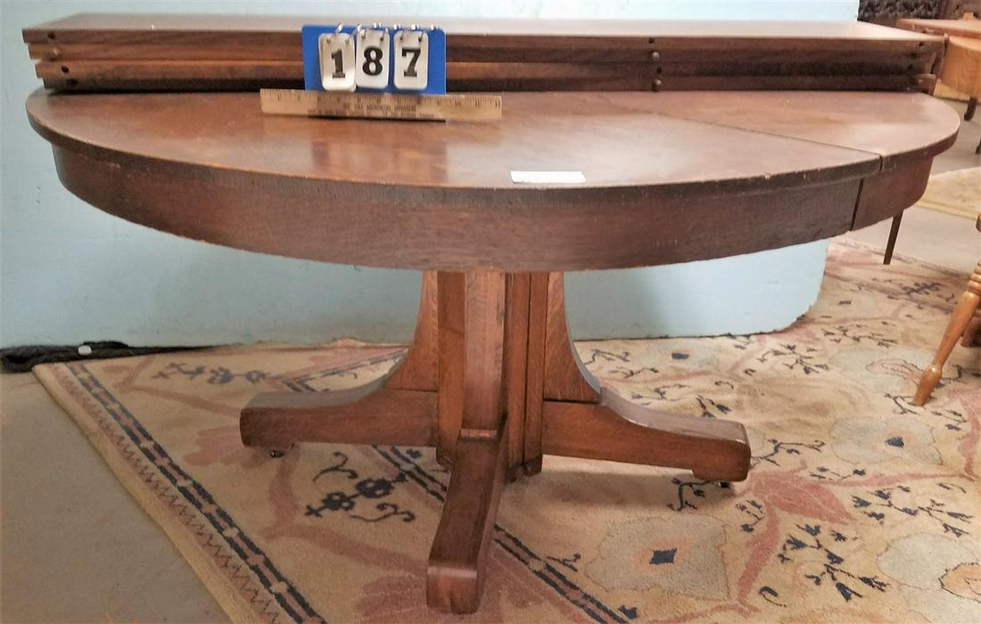 ARTS + CRAFTS OAK 54" DIAM. PED. BASE TABLE W/ 4 LEAVES (1 of 2)