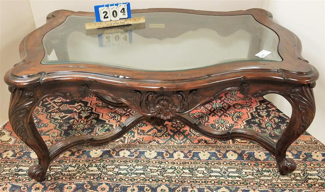 CARVED MAHOG. COFFEE TABLE, W/ BEVELLED GLASS TOP, (1 of 2)