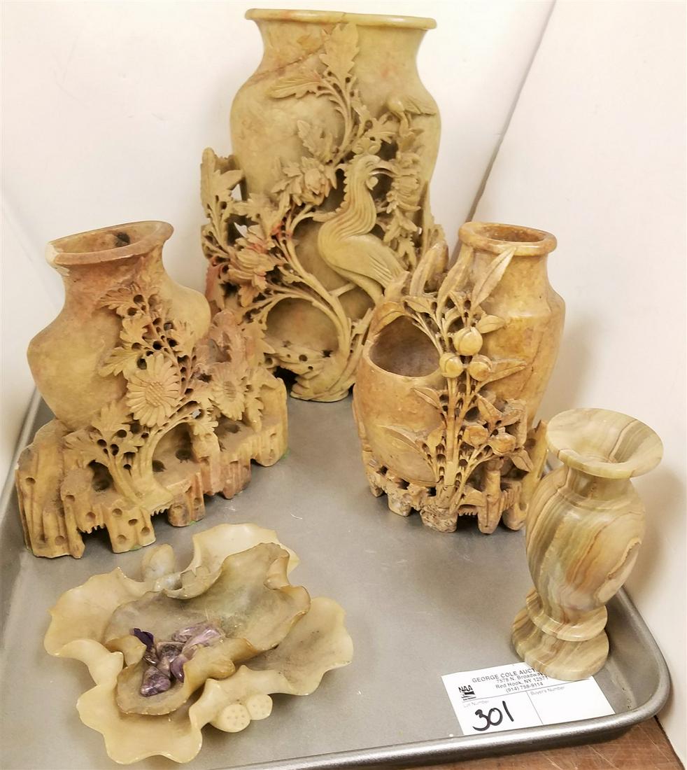 TRAY 5PCS. CARVED SOAPSTONE + ALABASTER VASE (1 of 8)