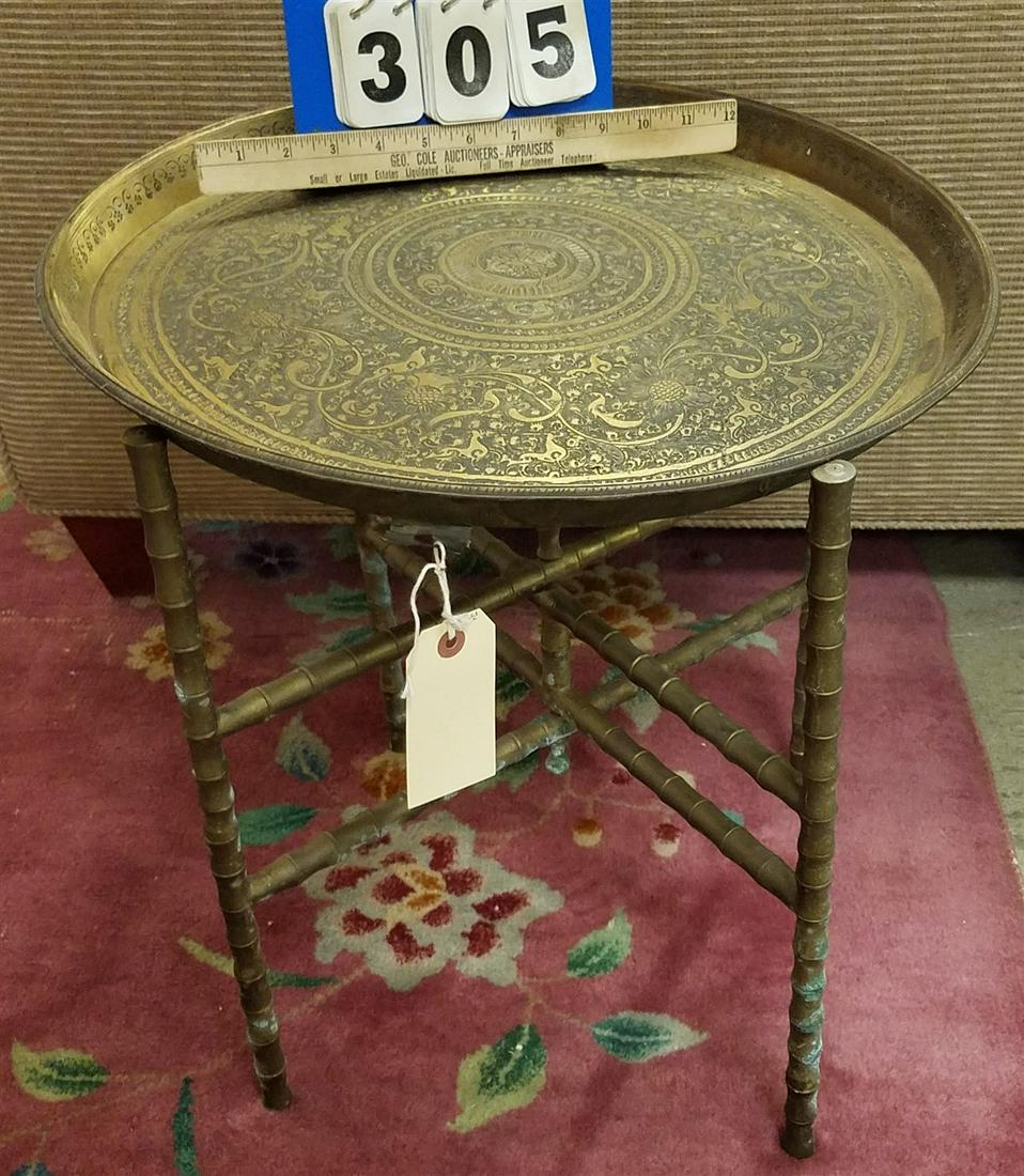 FOLDING BRASS BASE STAND W/ MID EAST BRASS TRAY, 18"H X (1 of 2)
