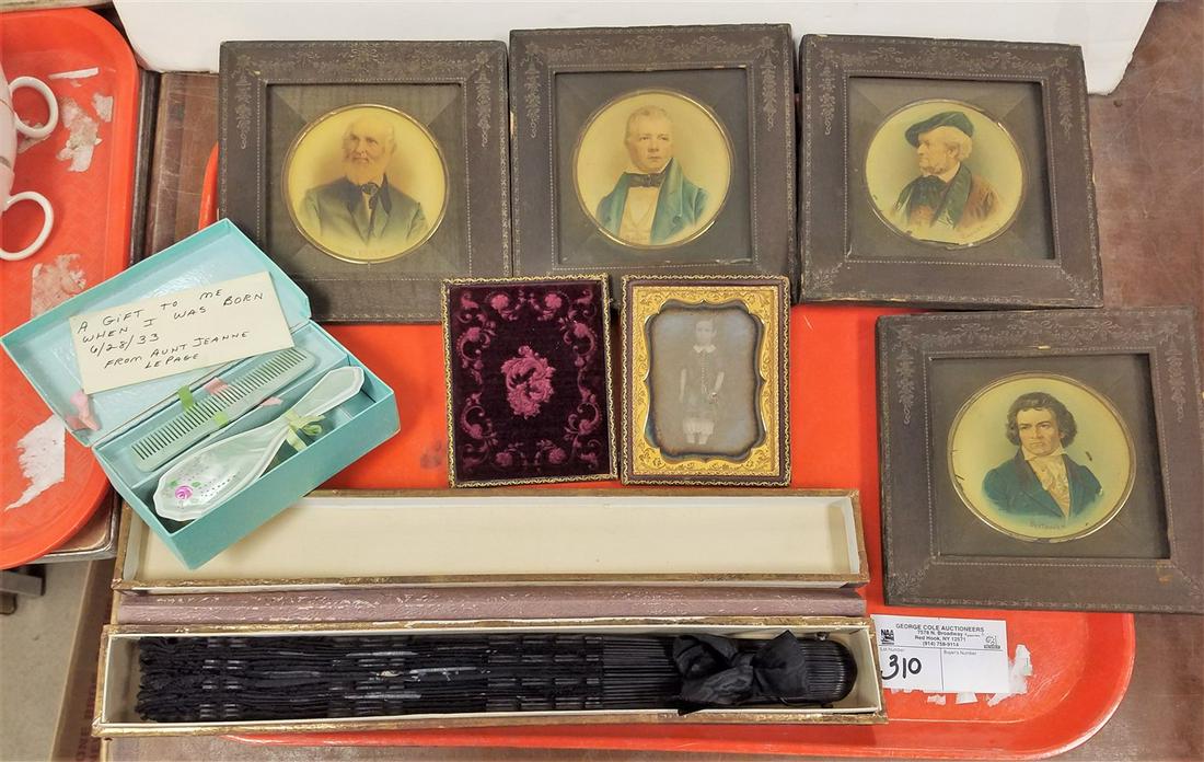 TRAY VICT. HAND PTD. FAN 14", DAUGERREOTYPE, 4 FRAMED (1 of 2)