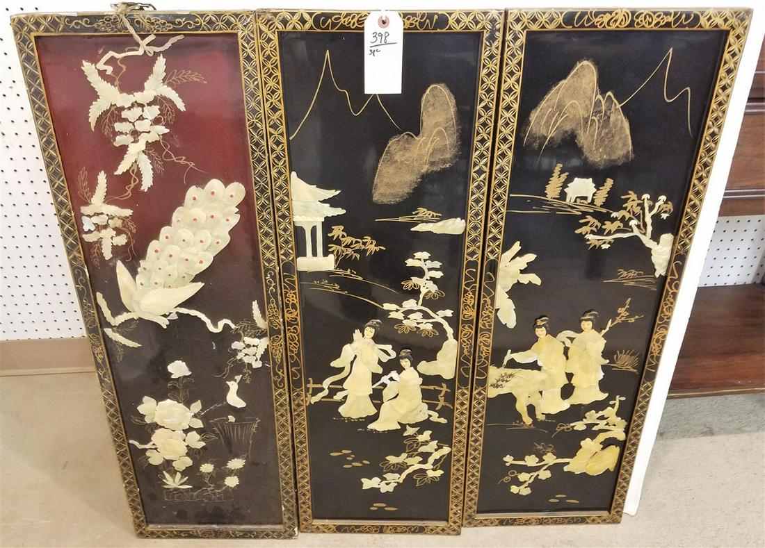 3 ASIAN LACQUERED PLAQUES W/ HIGH RELIEF SHELL FIGURES, (1 of 1)