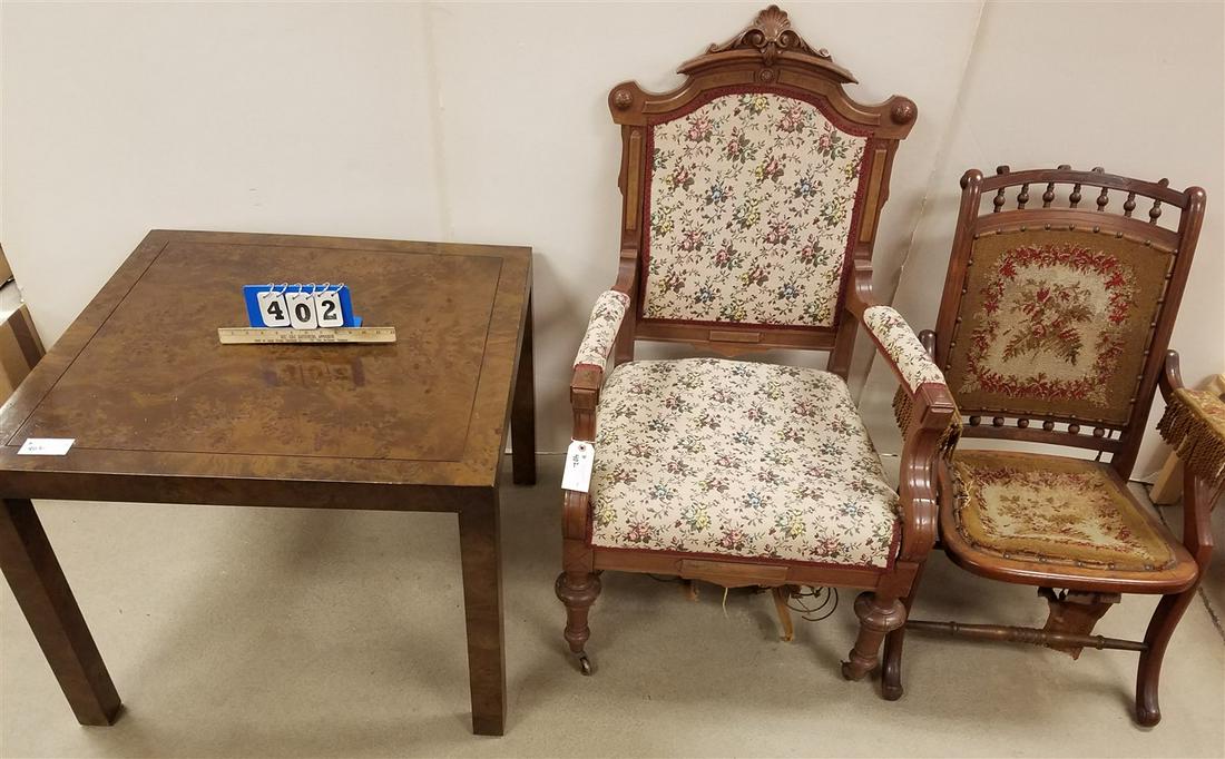 VICT. WALNUT ARMCHAIR + FOLDING CHAIR, JOHN STEWART (1 of 4)