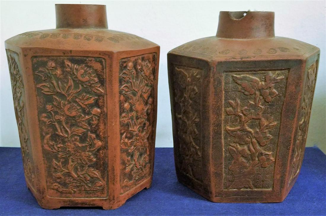 2 MID-LATE 19th c. YI XING POTTERY TEA CADDIES, 6" + (1 of 5)