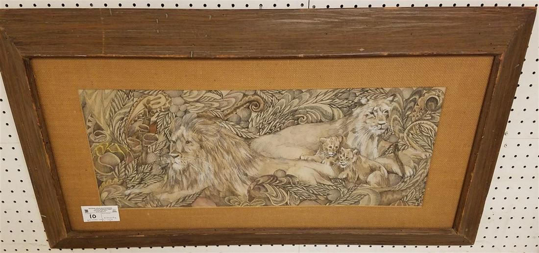 FRAMED PEN & INK +W/C PRIDE OF LIONS, SGND. H. (1 of 5)