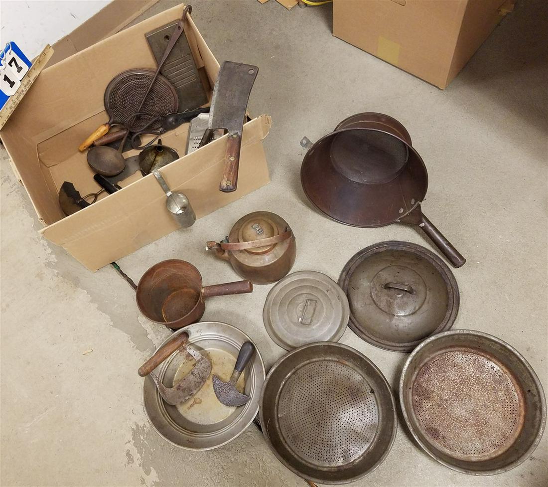 BX. PRIM. TOLE + COPPER ITEMS-SIFTERS, TEA POT, ETC. (1 of 6)