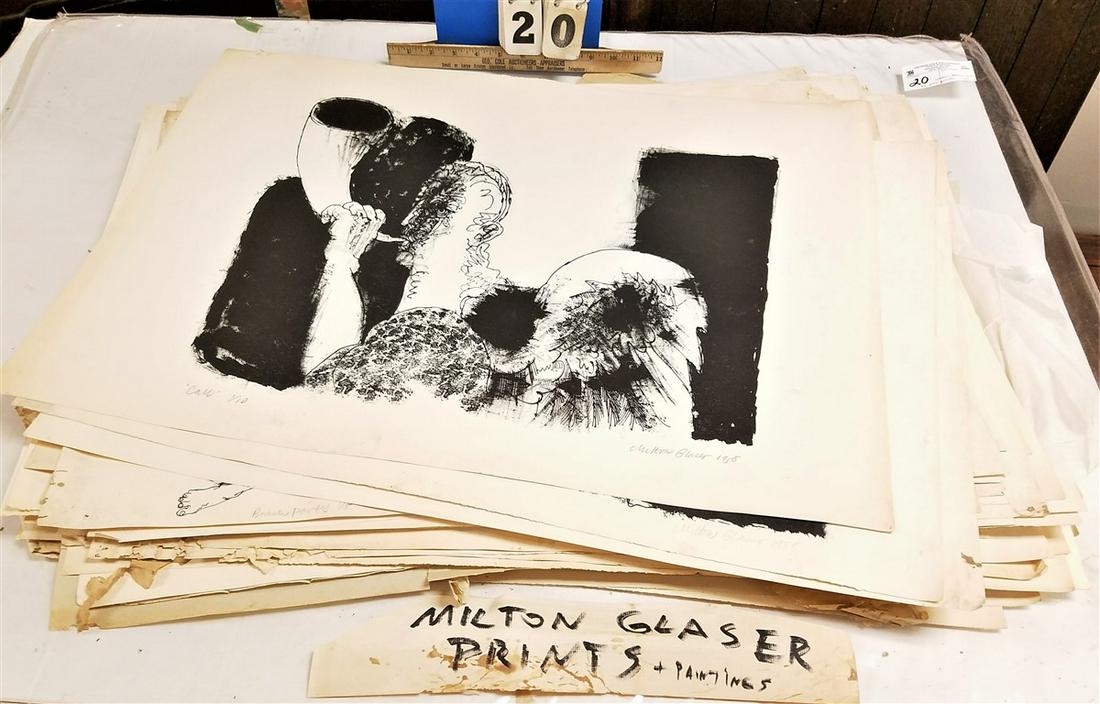 PORTFOLIO OF 95 ORIG. PRINTS BY MILTON GLASER-4 PENCIL: PORTFOLIO OF 95 ORIG. PRINTS BY MILTON GLASER-4 PENCIL SGND. & DATED 1958, 19.75" X 27.5"