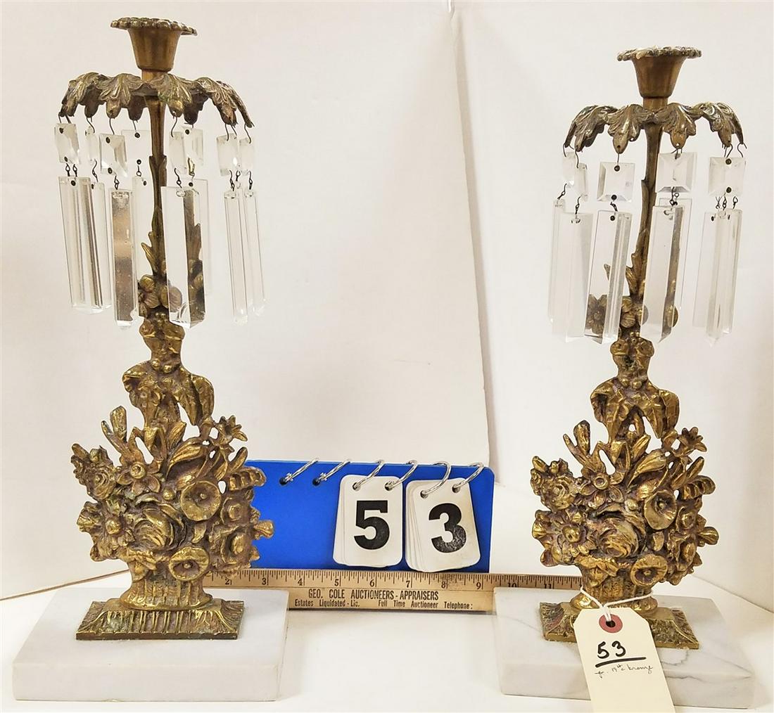 PR. 19th c. BRONZE + MARBLE GIRANDOLES, 15" (1 of 2)
