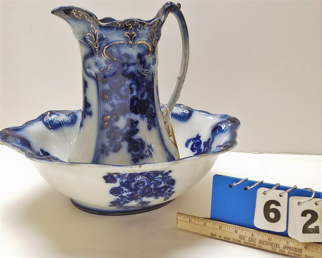 19th c. FLOW BLUE PITCHER + BOWL (1 of 6)