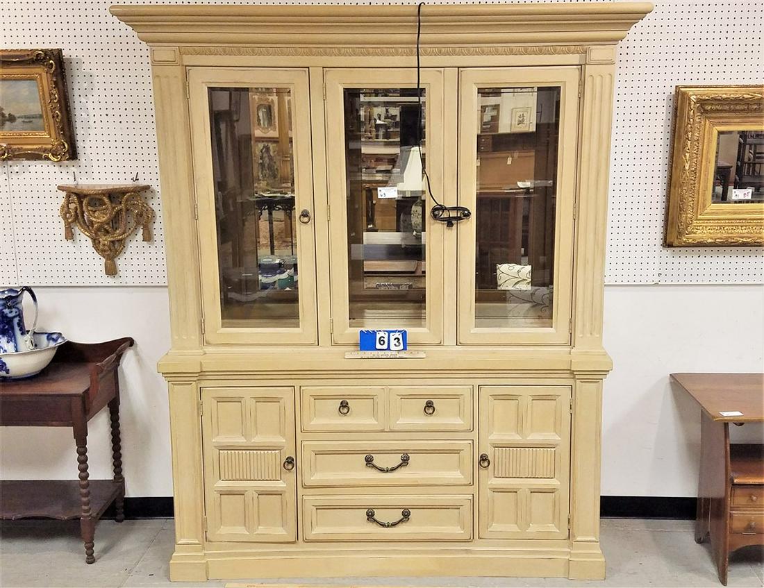 DREXEL PICKLED OAK CHINA CABINET, 7'H X 66.5"W X 20"D (1 of 3)
