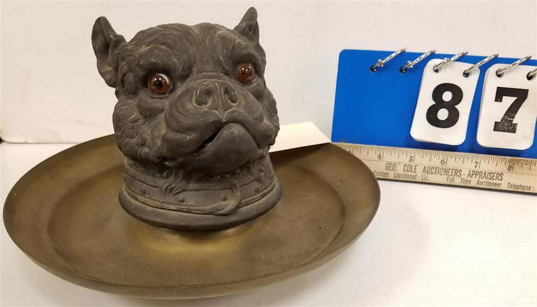 VICT. INK STAND W/ SPELTER BULL DOG HEAD W/ GLASS EYES (1 of 4)
