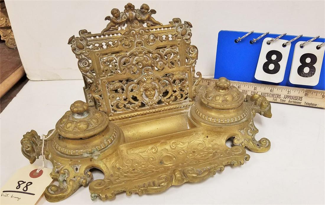 VICT. CAST BRONZE DOUBLE INK STAND W/ LETTER RACK, 6"H (1 of 2)
